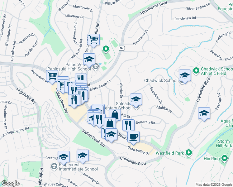 map of restaurants, bars, coffee shops, grocery stores, and more near 27508 Fawnskin Drive in Rancho Palos Verdes