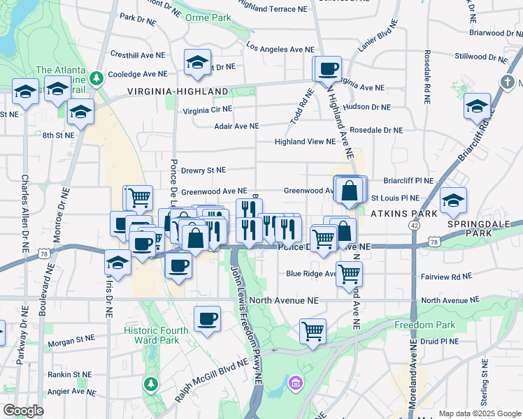 map of restaurants, bars, coffee shops, grocery stores, and more near 886 Saint Charles Avenue Northeast in Atlanta
