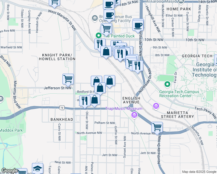 map of restaurants, bars, coffee shops, grocery stores, and more near 767 Chestnut Street Northwest in Atlanta
