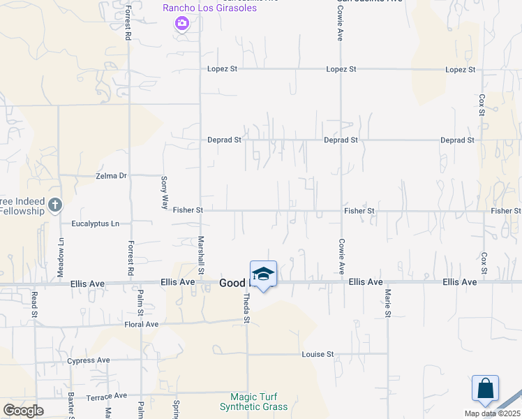 map of restaurants, bars, coffee shops, grocery stores, and more near 22200 Fisher Street in Perris