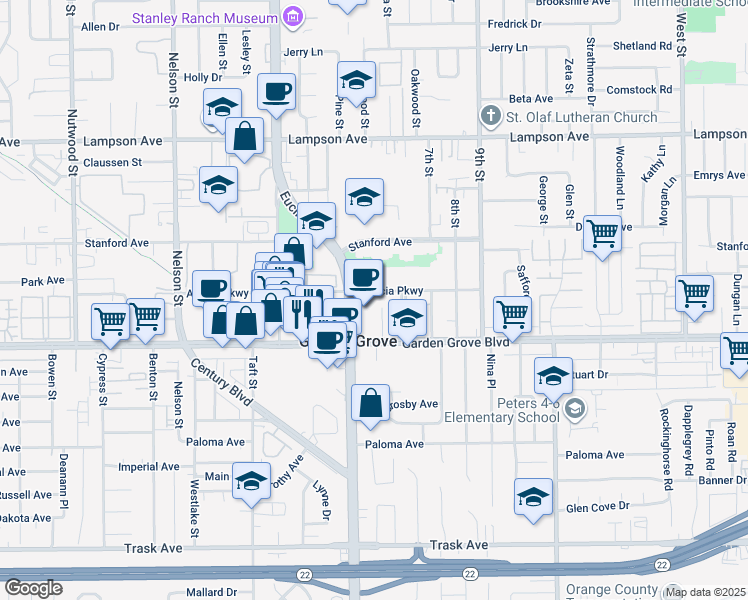 map of restaurants, bars, coffee shops, grocery stores, and more near 11222 Acacia Parkway in Garden Grove