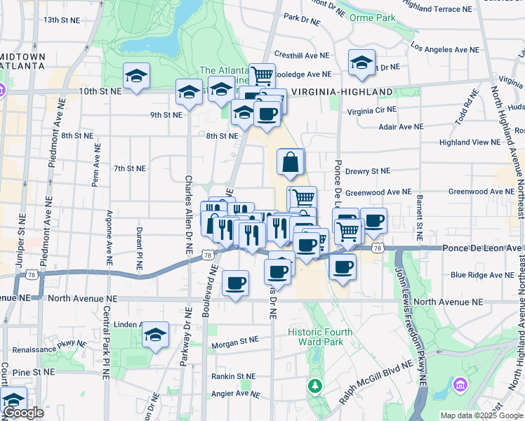 map of restaurants, bars, coffee shops, grocery stores, and more near 568 Saint Charles Avenue Northeast in Atlanta