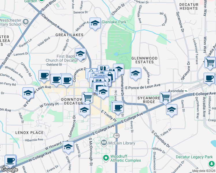 map of restaurants, bars, coffee shops, grocery stores, and more near 230 East Ponce de Leon Avenue in Decatur