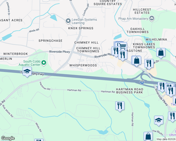 map of restaurants, bars, coffee shops, grocery stores, and more near 595 Riverside Parkway in Austell