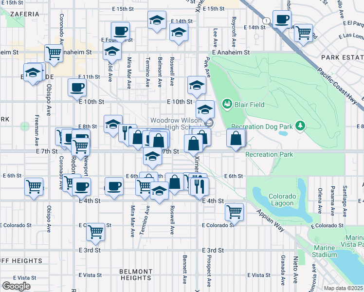 map of restaurants, bars, coffee shops, grocery stores, and more near 717 Bennett Avenue in Long Beach