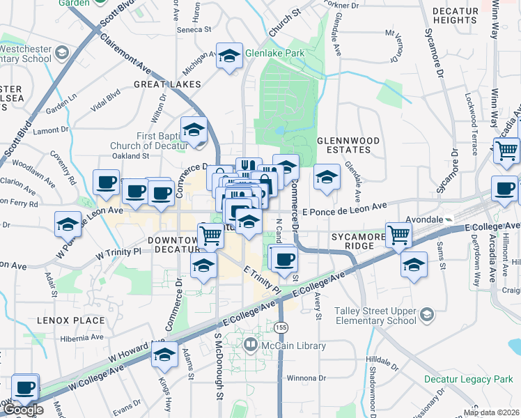 map of restaurants, bars, coffee shops, grocery stores, and more near 216 East Ponce de Leon Avenue in Decatur