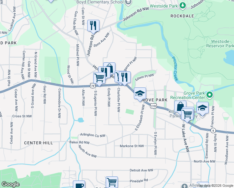 map of restaurants, bars, coffee shops, grocery stores, and more near 748 Charlotte Place Northwest in Atlanta