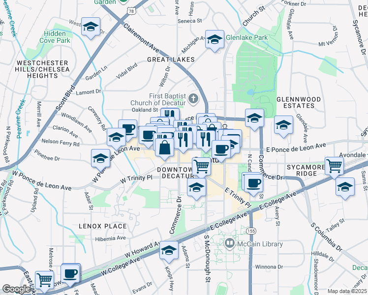 map of restaurants, bars, coffee shops, grocery stores, and more near 201 West Ponce de Leon Avenue in Decatur