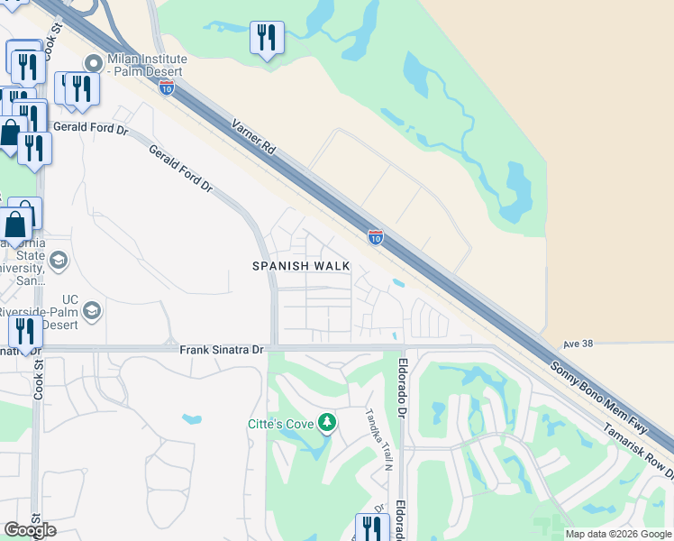 map of restaurants, bars, coffee shops, grocery stores, and more near 265 Paseo Gusto in Palm Desert