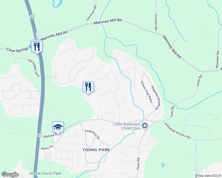 map of restaurants, bars, coffee shops, grocery stores, and more near 6300 Holborne Lane in Douglasville