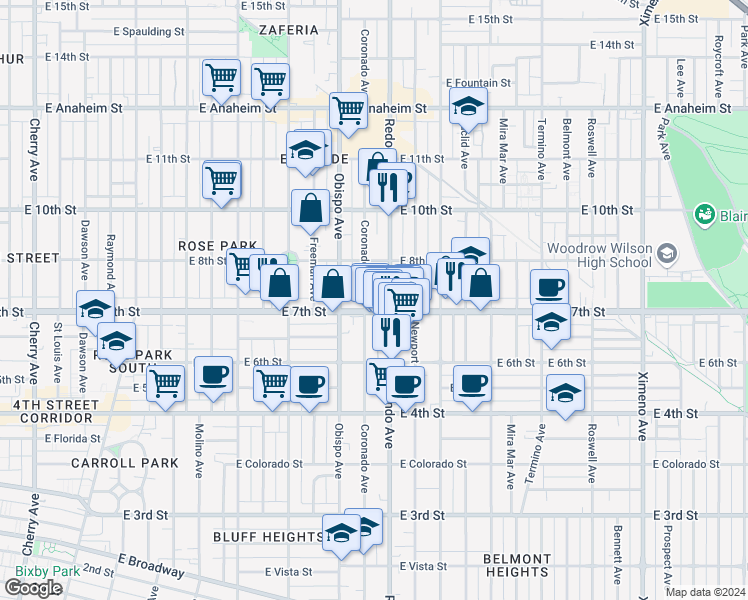 map of restaurants, bars, coffee shops, grocery stores, and more near 720 Coronado Avenue in Long Beach