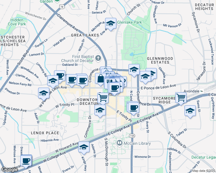 map of restaurants, bars, coffee shops, grocery stores, and more near 108 East Ponce de Leon Avenue in Decatur