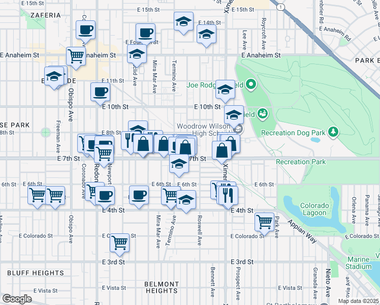 map of restaurants, bars, coffee shops, grocery stores, and more near 720 Belmont Avenue in Long Beach