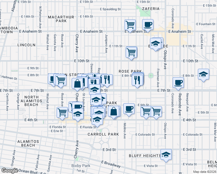 map of restaurants, bars, coffee shops, grocery stores, and more near 2441 East 7th Street in Long Beach