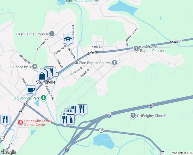 map of restaurants, bars, coffee shops, grocery stores, and more near 82 Mountain Drive in Springville