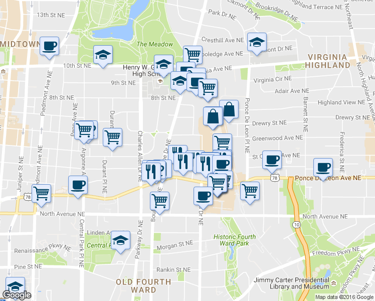 map of restaurants, bars, coffee shops, grocery stores, and more near 550 Saint Charles Avenue Northeast in Atlanta