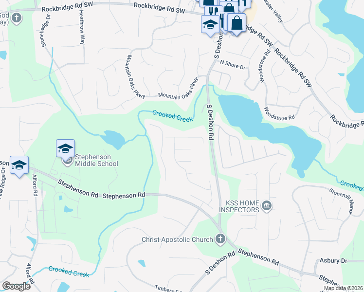 map of restaurants, bars, coffee shops, grocery stores, and more near 6918 Stone Throw Court in Stone Mountain