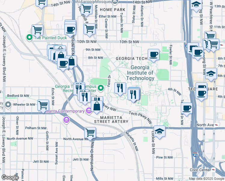 map of restaurants, bars, coffee shops, grocery stores, and more near 765 Ferst Drive Northwest in Atlanta