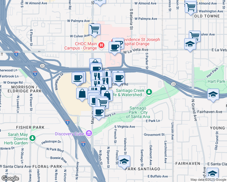 map of restaurants, bars, coffee shops, grocery stores, and more near 1110 Town and Country Road in Orange