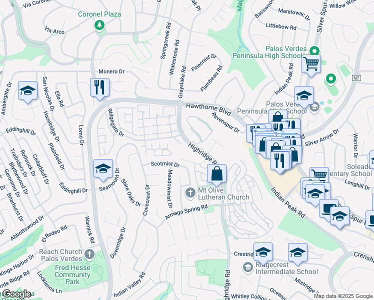 map of restaurants, bars, coffee shops, grocery stores, and more near 28121 Highridge Road in Rancho Palos Verdes