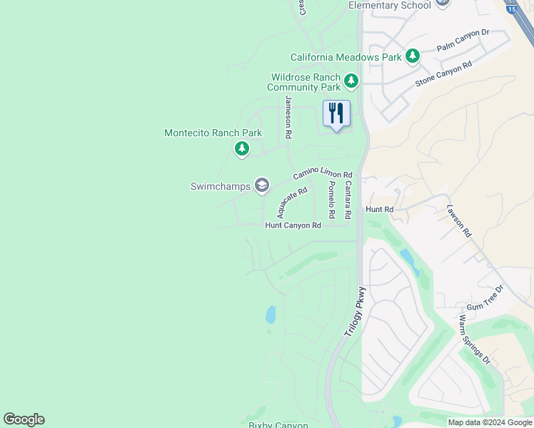map of restaurants, bars, coffee shops, grocery stores, and more near 8581 Camino Limon Road in Corona