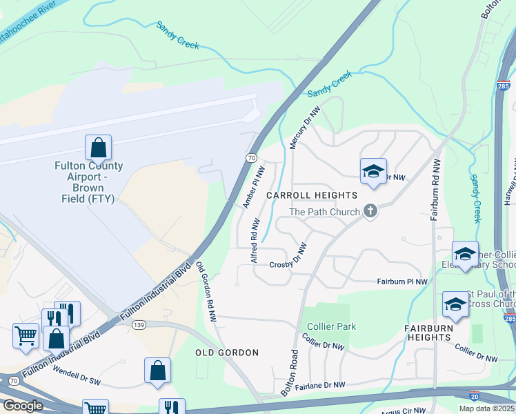 map of restaurants, bars, coffee shops, grocery stores, and more near 782 Alfred Road Northwest in Atlanta