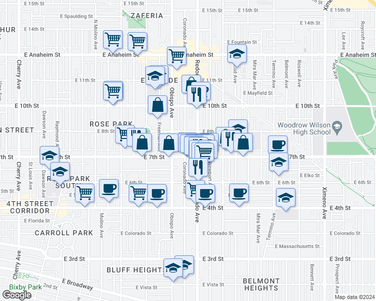 map of restaurants, bars, coffee shops, grocery stores, and more near 720 Coronado Avenue in Long Beach