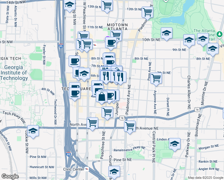 map of restaurants, bars, coffee shops, grocery stores, and more near 781 Peachtree Street Northeast in Atlanta