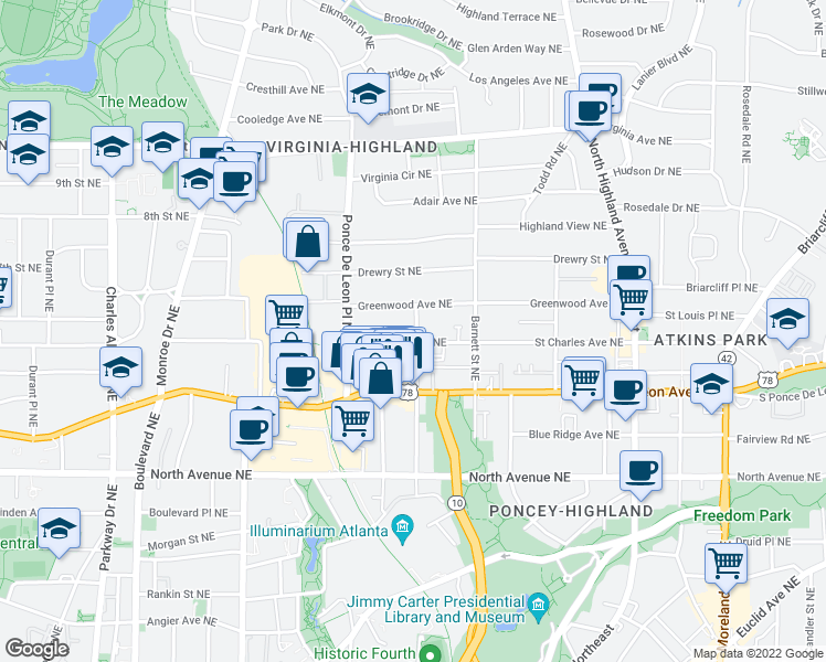 map of restaurants, bars, coffee shops, grocery stores, and more near 791 Saint Charles Avenue Northeast in Atlanta