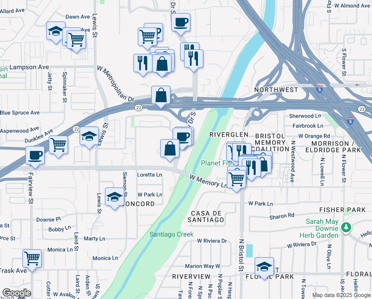 map of restaurants, bars, coffee shops, grocery stores, and more near 765 The City Drive South in Orange