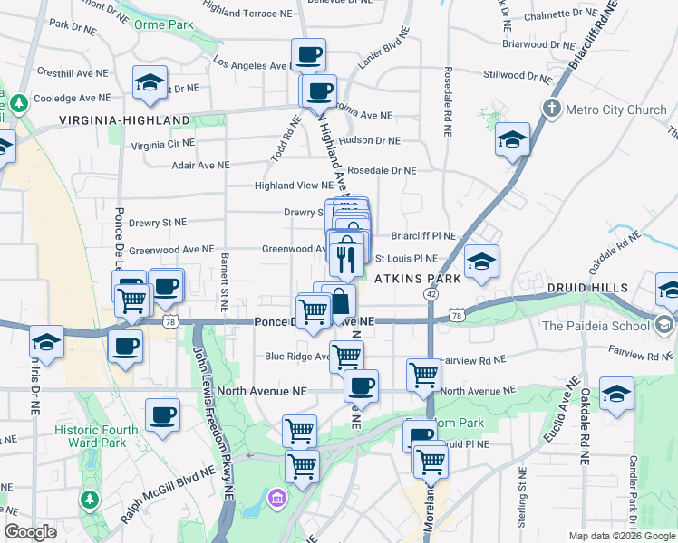 map of restaurants, bars, coffee shops, grocery stores, and more near 1022 Saint Charles Avenue Northeast in Atlanta