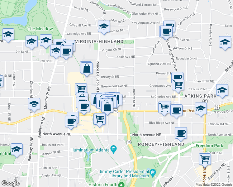 map of restaurants, bars, coffee shops, grocery stores, and more near 798 Saint Charles Avenue Northeast in Atlanta