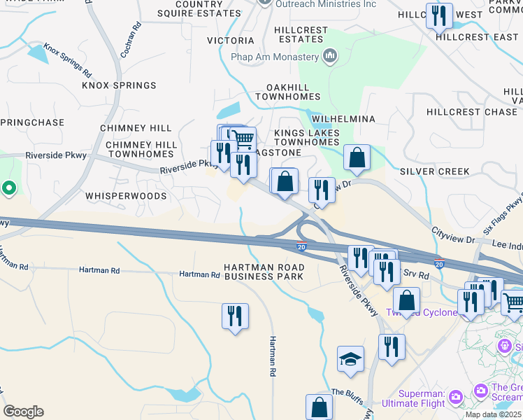 map of restaurants, bars, coffee shops, grocery stores, and more near 325 6 Flags Drive in Austell