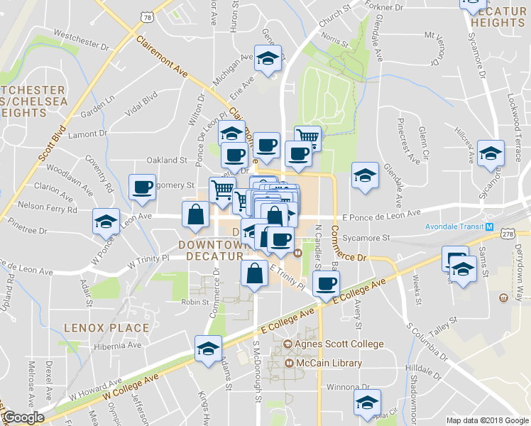 map of restaurants, bars, coffee shops, grocery stores, and more near 116 East Ponce de Leon Avenue in Decatur