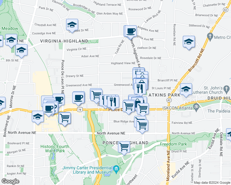 map of restaurants, bars, coffee shops, grocery stores, and more near 950 St Charles Ave NE in Atlanta