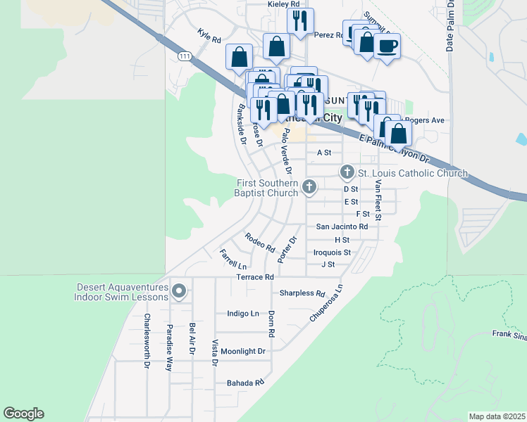 map of restaurants, bars, coffee shops, grocery stores, and more near 37583 Melrose Drive in Cathedral City