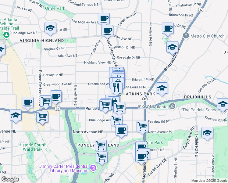 map of restaurants, bars, coffee shops, grocery stores, and more near 1048 Saint Charles Avenue Northeast in Atlanta