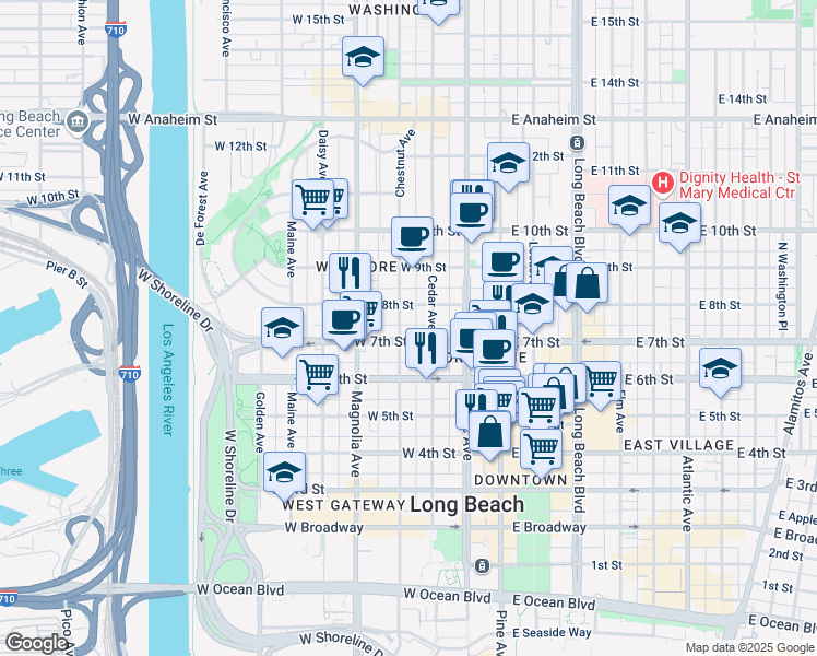 map of restaurants, bars, coffee shops, grocery stores, and more near 309 West 7th Street in Long Beach