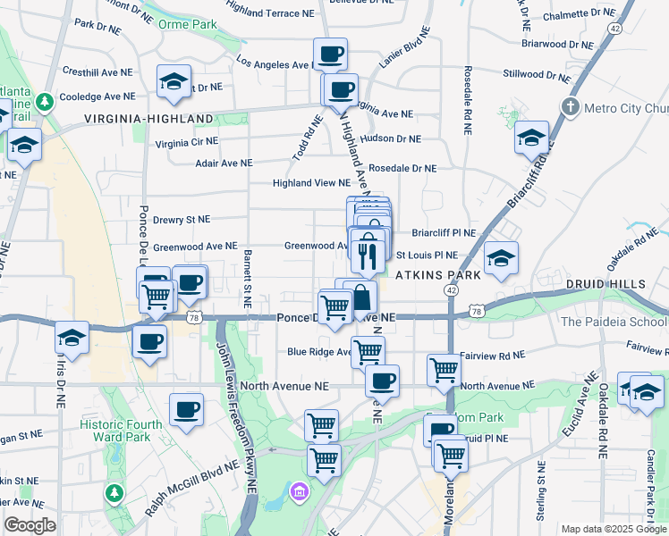 map of restaurants, bars, coffee shops, grocery stores, and more near 1022 Saint Charles Avenue Northeast in Atlanta