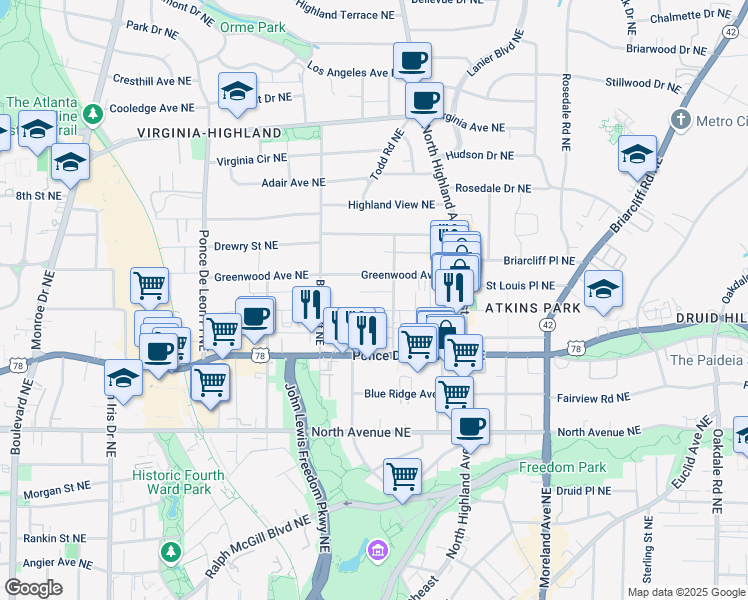 map of restaurants, bars, coffee shops, grocery stores, and more near 950 Saint Charles Avenue Northeast in Atlanta