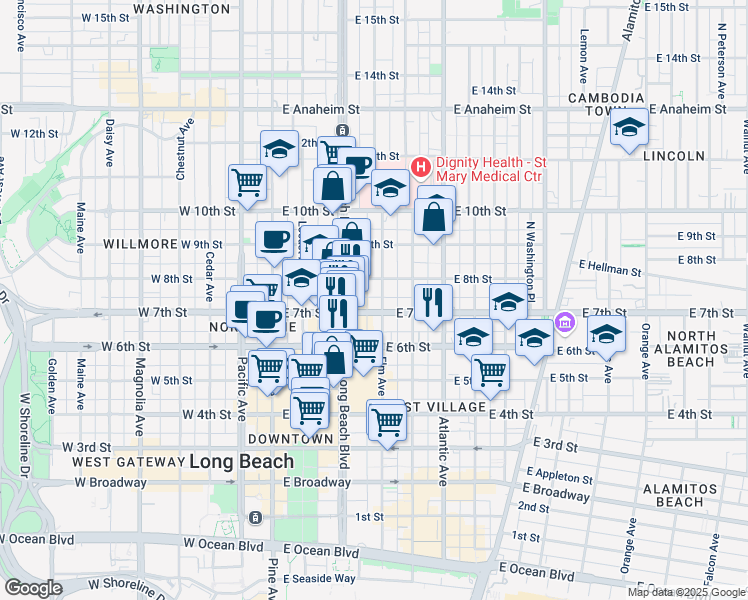 map of restaurants, bars, coffee shops, grocery stores, and more near 723 Elm Avenue in Long Beach