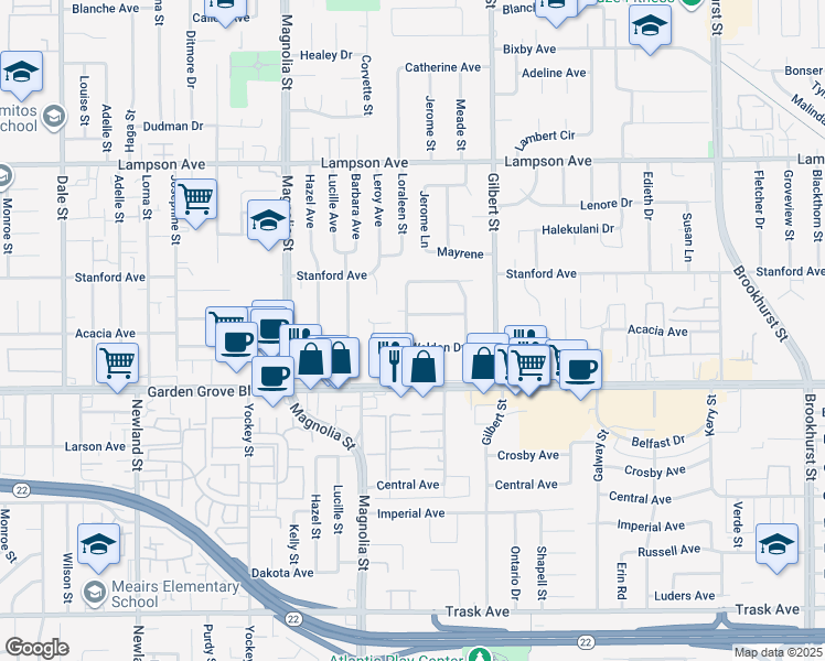 map of restaurants, bars, coffee shops, grocery stores, and more near 9282 Marietta Avenue in Garden Grove