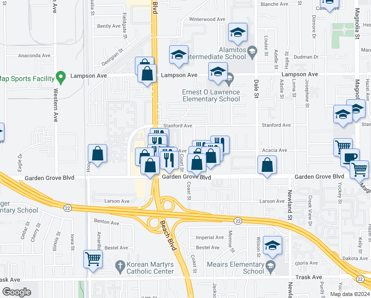 map of restaurants, bars, coffee shops, grocery stores, and more near 12852 Court Street in Garden Grove