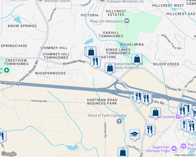 map of restaurants, bars, coffee shops, grocery stores, and more near 375 Weber Circle in Austell