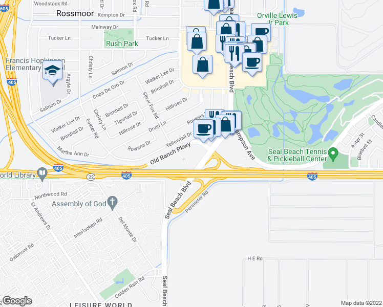 map of restaurants, bars, coffee shops, grocery stores, and more near 3010 Old Ranch Parkway in Seal Beach