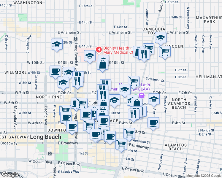 map of restaurants, bars, coffee shops, grocery stores, and more near 623 East 7th Street in Long Beach