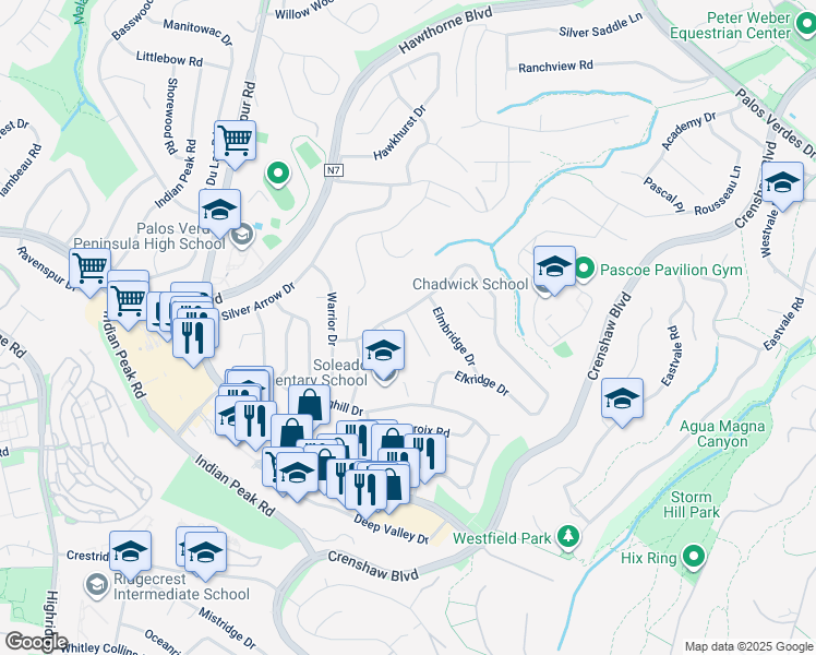 map of restaurants, bars, coffee shops, grocery stores, and more near 27415 Larchbluff Drive in Rancho Palos Verdes