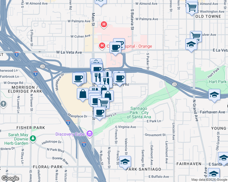 map of restaurants, bars, coffee shops, grocery stores, and more near 1110 Town and Country Road in Orange