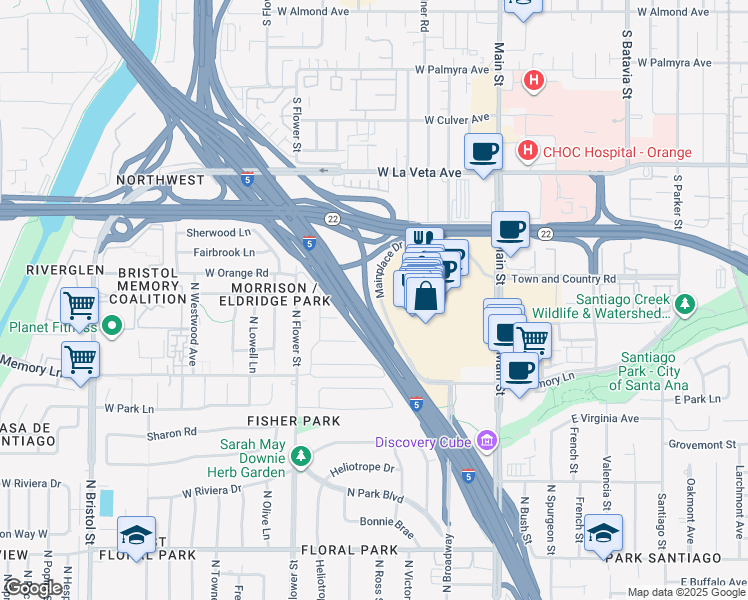 map of restaurants, bars, coffee shops, grocery stores, and more near Santa Ana Fwy in Santa Ana