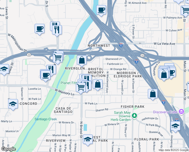map of restaurants, bars, coffee shops, grocery stores, and more near 2833 Riverglen Lane in Santa Ana
